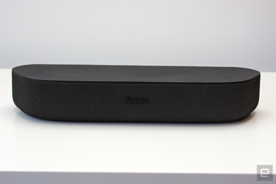 Roku Streambar soundbar on a white table.