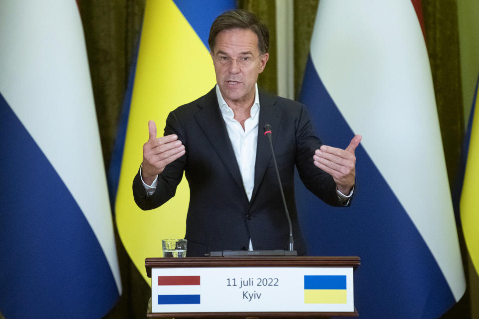 Prime Minister of the Netherlands Mark Rutte speaks during a joint press conference with President of Ukraine Volodymyr Zelenskyy following their meeting in Kyiv, Ukraine, Monday, July 11, 2022. (AP Photo/Andrew Kravchenko)