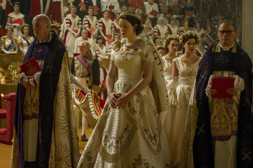 the Queen getting coronated in "The Crown" wearing an ornate sequined gown