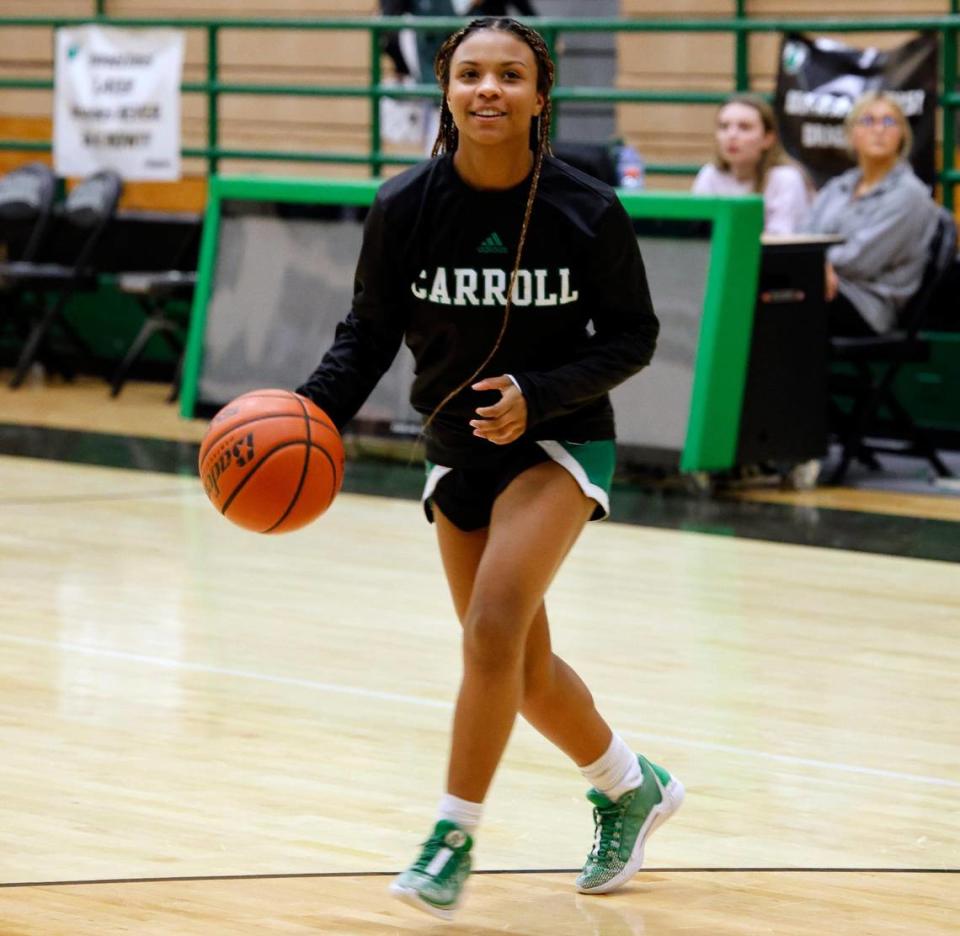 Nadia Jordan drives to the paint during basketball practice at Southlake Sr. High School in Southlake, Texas, Tuesday, Feb. 06, 2024.