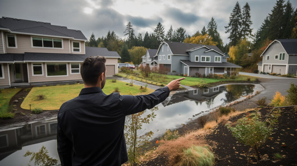 An employee of the company pointing out the features of a house to a first-time homebuyer.