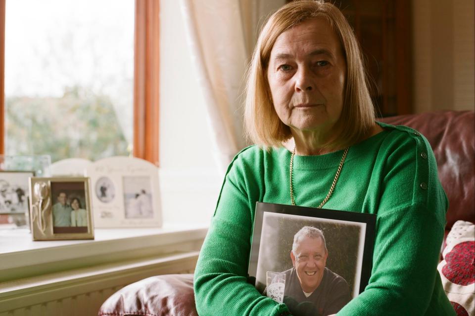 Gill Hussey with picture of husband David (Channel 4)