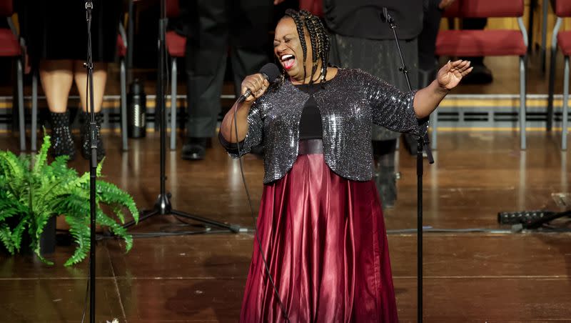 Debra Bonner leads the Debra Bonner Unity Gospel Choir at a 50th anniversary celebration for the Genesis Group at The Tabernacle on Temple Square in Salt Lake City on Saturday, Oct. 23, 2021.