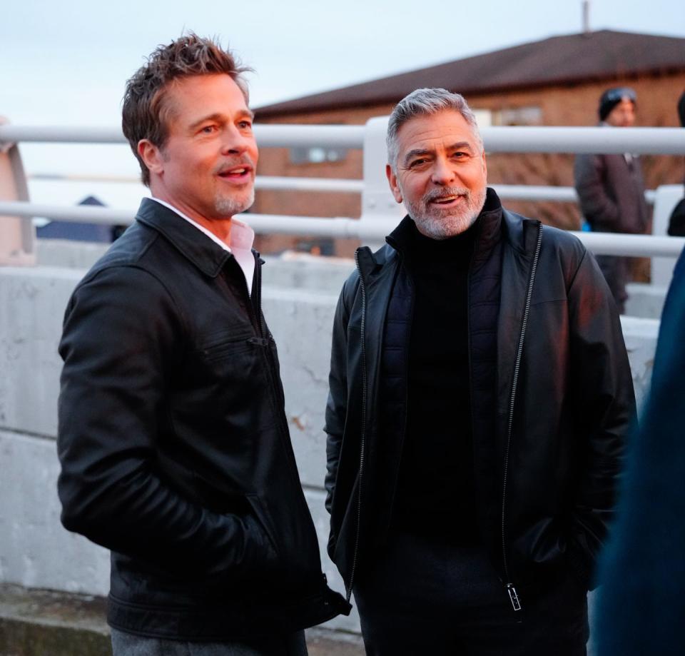 brad pitt and george clooney on location for wolves on february 13, 2023 in new york city