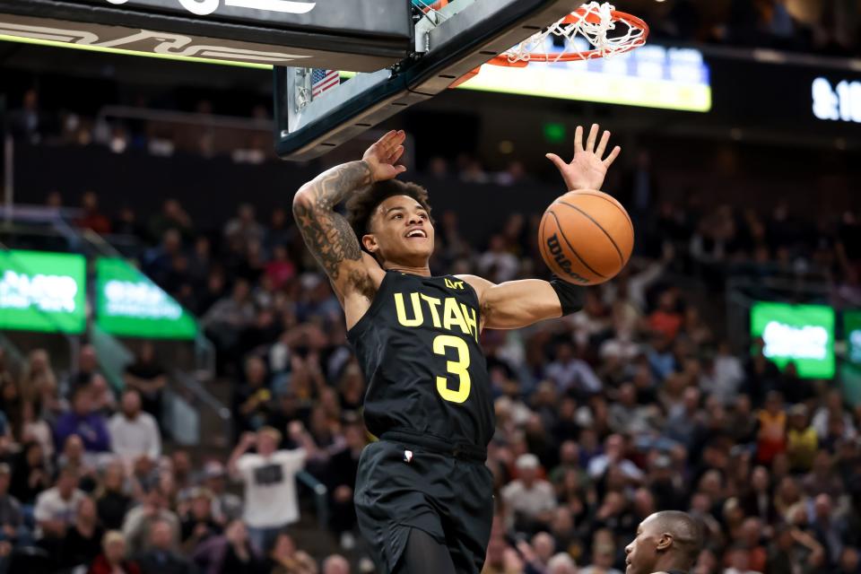 Utah Jazz guard <a class="link " href="https://sports.yahoo.com/nba/players/10100" data-i13n="sec:content-canvas;subsec:anchor_text;elm:context_link" data-ylk="slk:Keyonte George;sec:content-canvas;subsec:anchor_text;elm:context_link;itc:0">Keyonte George</a> (3) dunks during the game against the Memphis Grizzlies at the Delta Center in Salt Lake City on Wednesday, Nov. 1, 2023. | Spenser Heaps, Deseret News