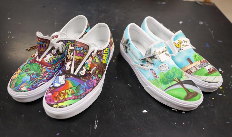 The two pairs of Vans shoes designed and hand painted for the Vans Custom Culture contest which put Windham High School in the top 50 finalists nationwide.