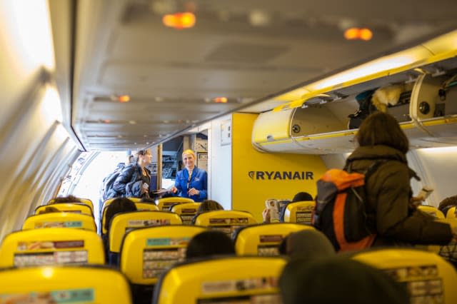 BOLGNA, ITALY - November 23, 2014: Ryanair Jet airplanes interior view. Ryanair is the biggest low-cost airline company in the w