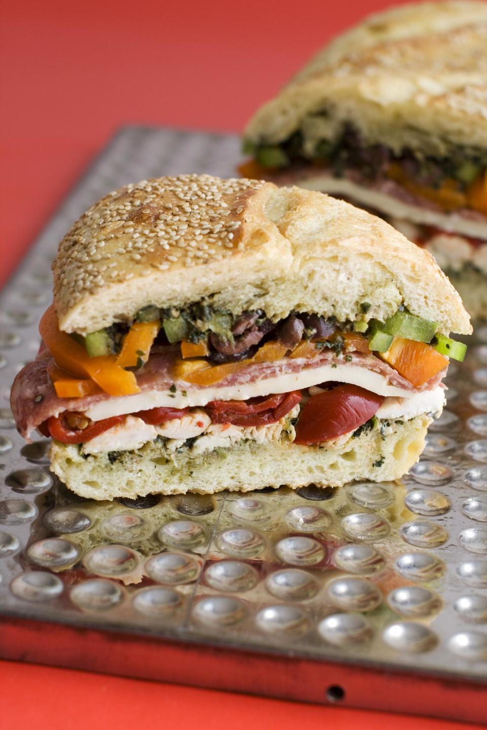 In this image taken on June 27, 2013, an overnight pressed picnic sandwich is shown in Concord, N.H. (AP Photo/Matthew Mead)