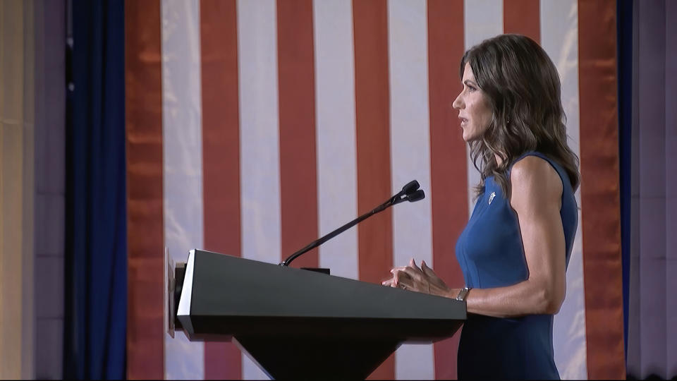 In this image from video, South Dakota Gov. Kristi Noem speaks during the third night of the Republican National Convention on Wednesday, Aug. 26, 2020.(Courtesy of the Committee on Arrangements for the 2020 Republican National Committee via AP)