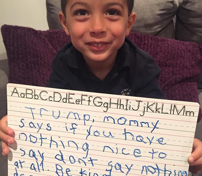 onah says that if you don't have anything nice to say that you shouldn't say anything at all. (Photo: Courtesy of Dear President Trump: Letters from Kids About Kindness/Facebook)