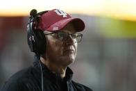Indiana head coach Tom Allen watches the second half of an NCAA college football game against Indiana State, Friday, Sept. 8, 2023, in Bloomington, Ind. (AP Photo/Darron Cummings)