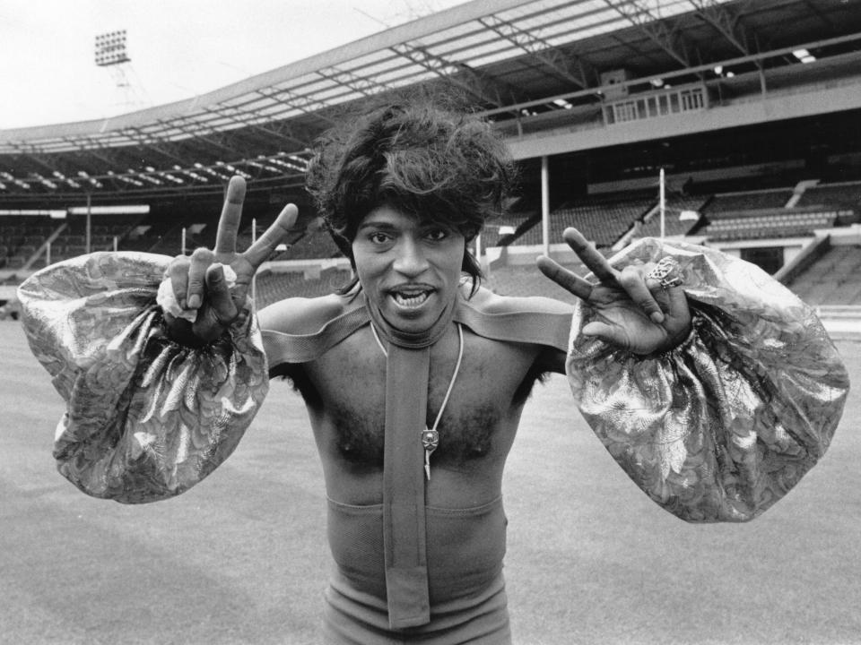 Little Richard in costume at an empty Wembley Stadium