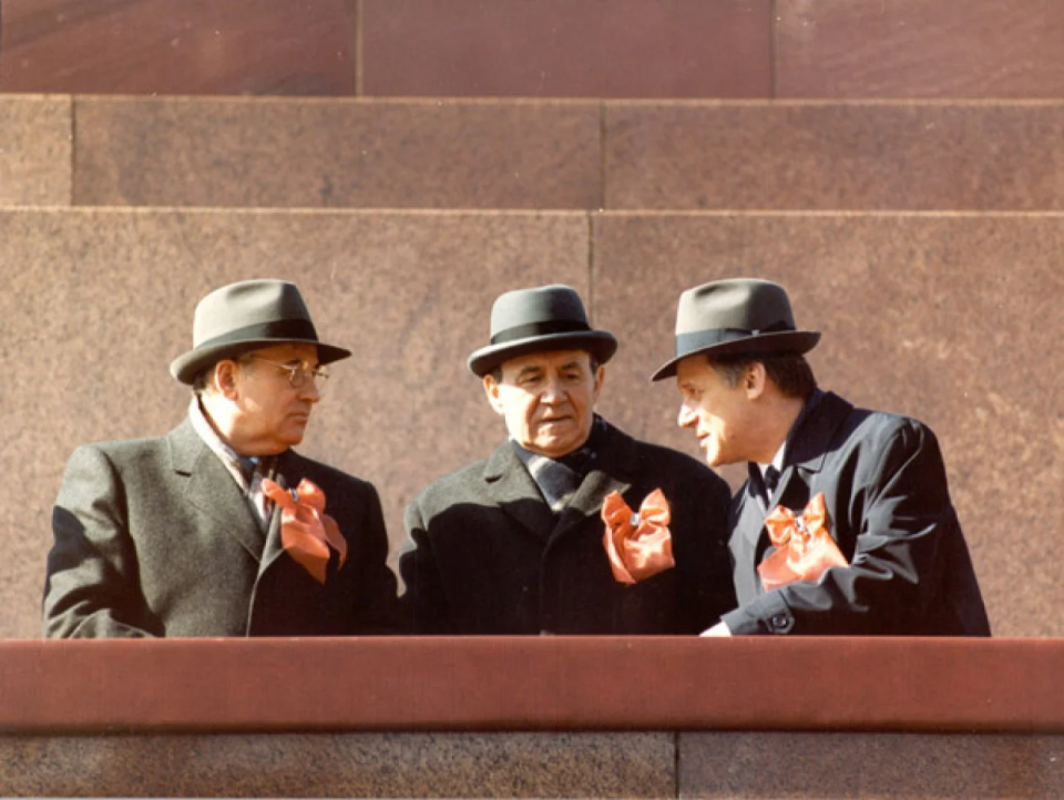 Gorbachev, Gromyko and Prime Minister Mykola Ryzhkov on the podium of the Mausoleum, 1988 <span class="copyright">Gorbachev Foundation</span>