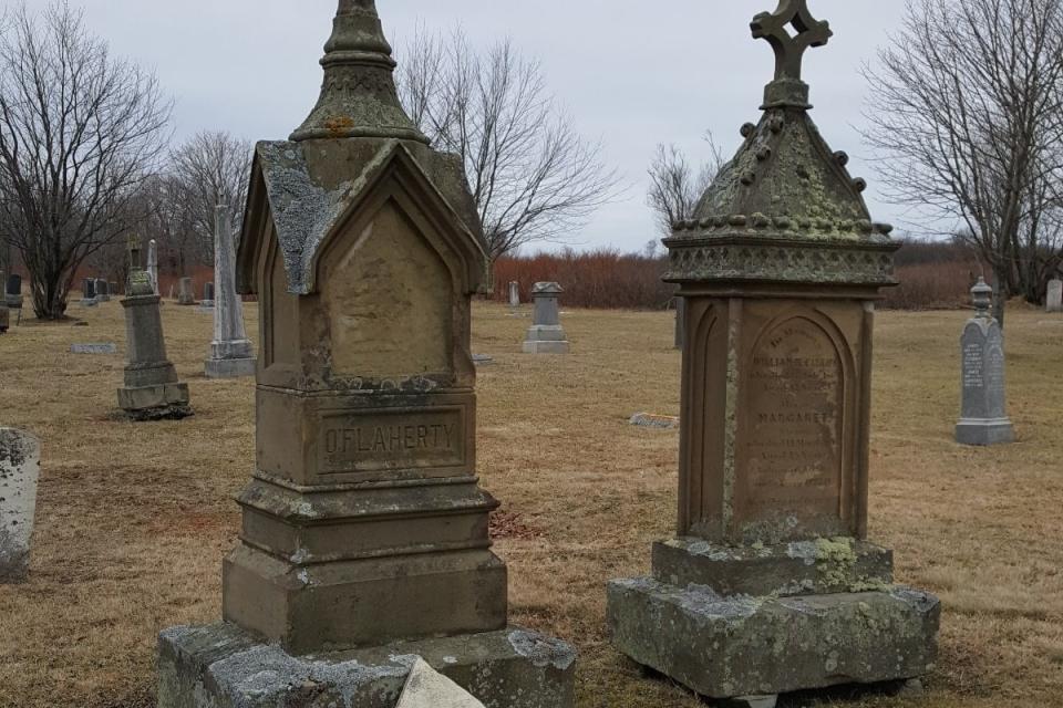 The majority of the remaining stones in St. Mary's Cemetery bear Irish names - notably O'Flaherty (pictured), Murphy, McCarthy, O'Brien, Collins, Sullivan, Kelly, and Doherty, according to Mary McDevitt's research on the site. 