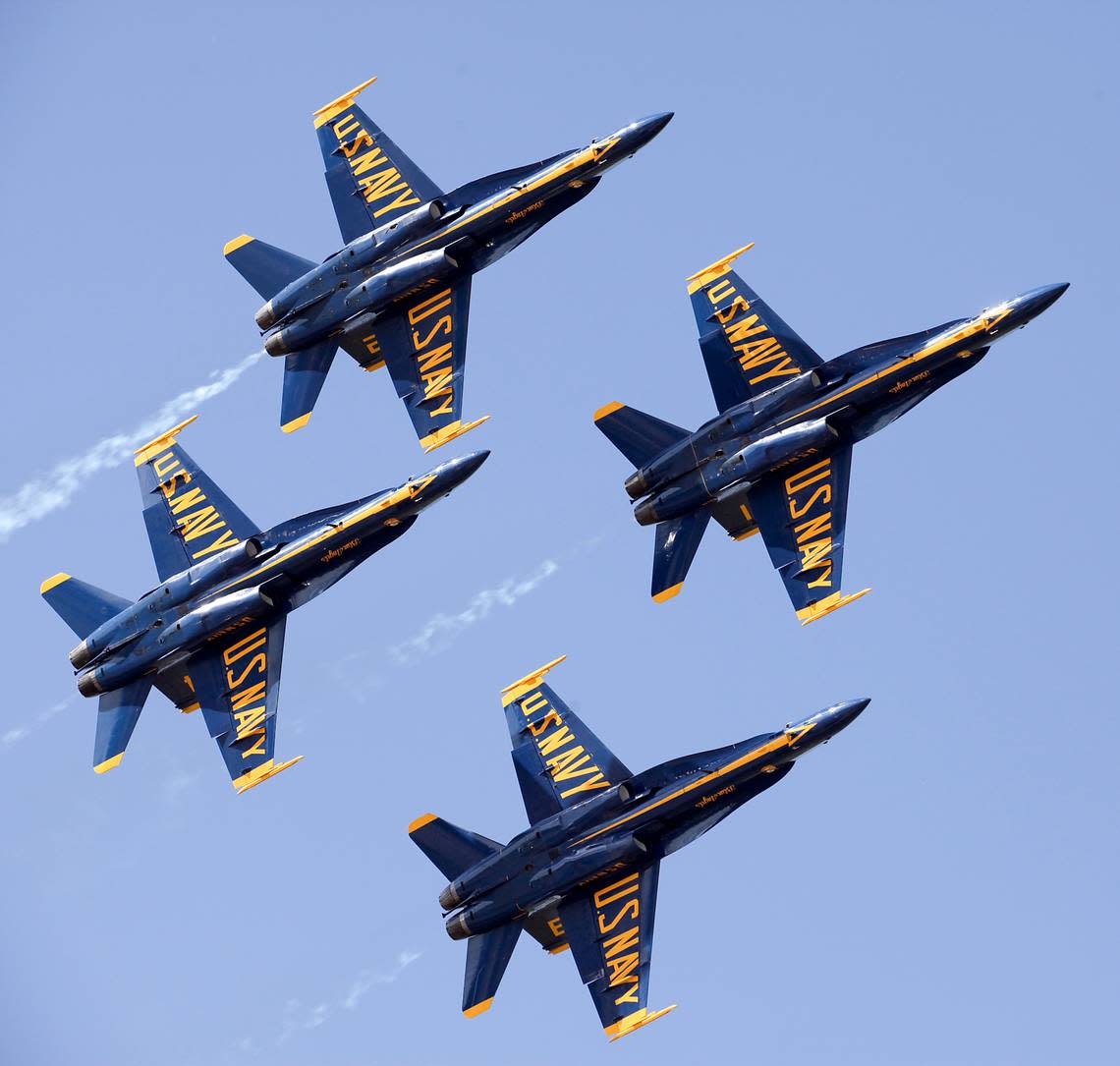 The U.S. Navy Flight Demonstration Squadron, the Blue Angels, practice for the Marine Corps Air Station Beaufort Air Show, April 26, 2019. MCAS Beaufort hosts the air show in order to bring the community together and demonstrate U.S. Marine Corps Aviation Combat Element and Marine Air-Ground Task Force capabilities.