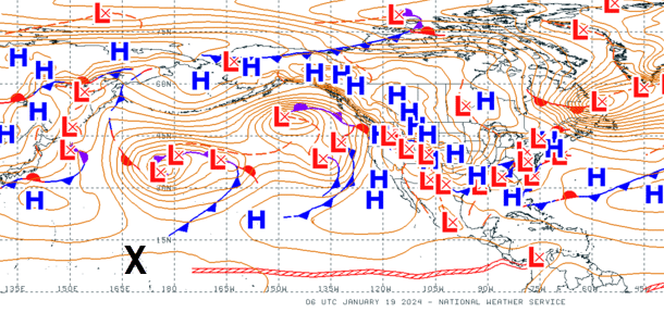 A NOAA weather map shows the low pressure system that caused the high surf, northeast of the Marshall Islands, located at the "x."