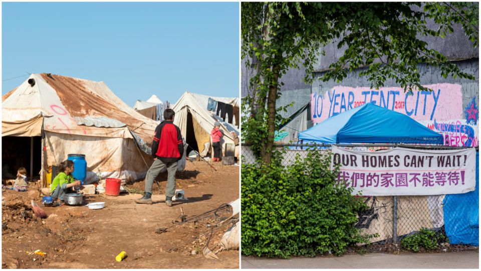 Poverty abroad and at home. The image on the left shows Syrian people driven from their homes by war and living at the camp for displaced persons outside the town of Atmeh in Idlib Province. The image on the right shows a 'tent city' occupied by homeless people in Vancouver, British Columbia. (Getty Images)