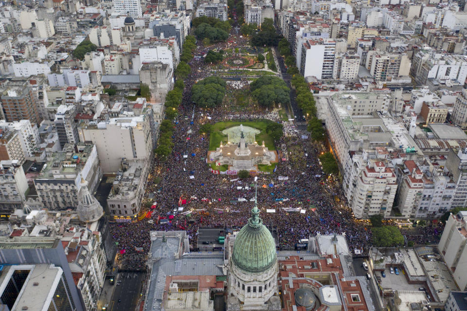 Women gather at the Congress during a protest to commemorate the International Women's Day in Buenos Aires, Argentina, Monday, March 9, 2020. (AP Photo/Julian Bongiovanni)