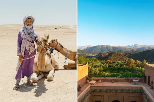 <p>Alex Crétey Systermans</p> From left: A guide with his camels in the Agafay Desert; overlooking the High Atlas Mountains from Kasbah Bab Ourika hotel, in the Ourika Valley.