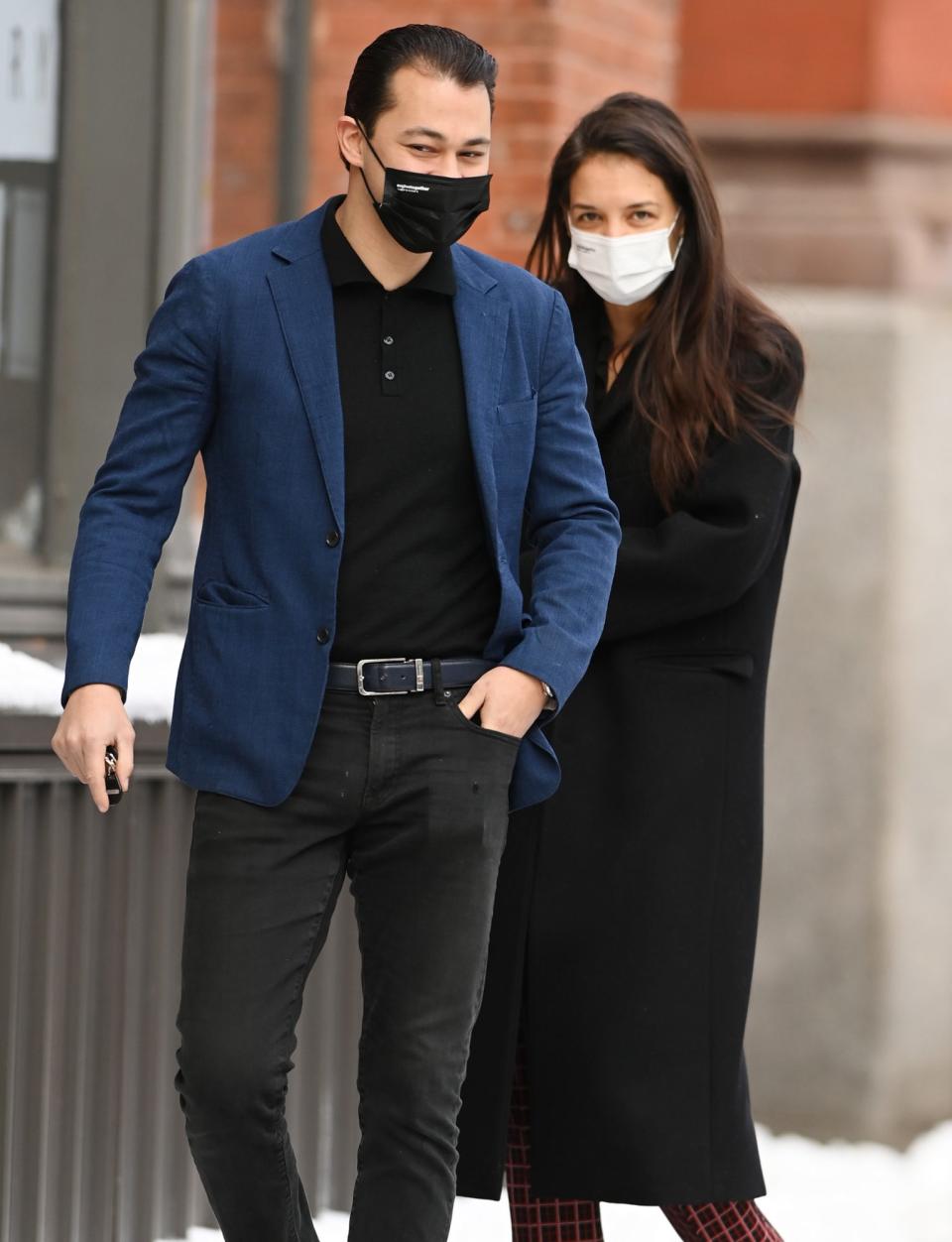 <p>Katie Holmes and boyfriend Emilio Vitolo Jr. share smiles from behind their masks on Friday as they step out on her birthday in N.Y.C.</p>