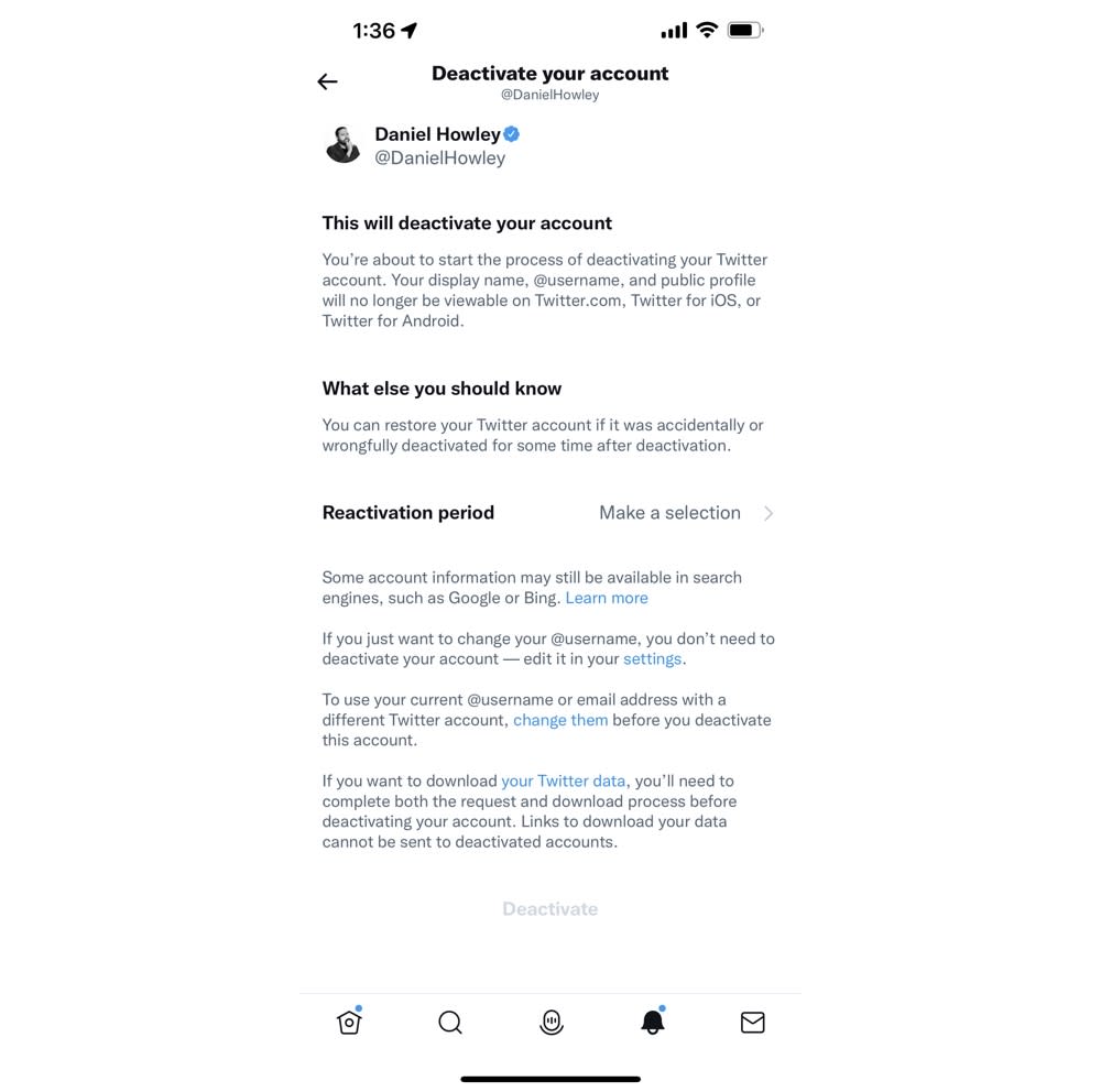 You'll need to deactivate your account before you can actually delete it. (Image: Twitter)