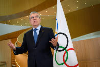 International Olympic Committee (IOC) President Thomas Bach delivers a statement on the COVID-19 situation during a meeting of the executive board at the IOC headquarters in Lausanne on March 3, 2020. - The COVID-19 which has already killed more than 3000 people in the World will be at the center of a meeting of the International Olympic Committee (IOC) on March 3 and 4, 2020 in Lausanne less than five months before the opening ceremony of the Olympics in Tokyo. (Photo by Fabrice COFFRINI / AFP) (Photo by FABRICE COFFRINI/AFP via Getty Images)