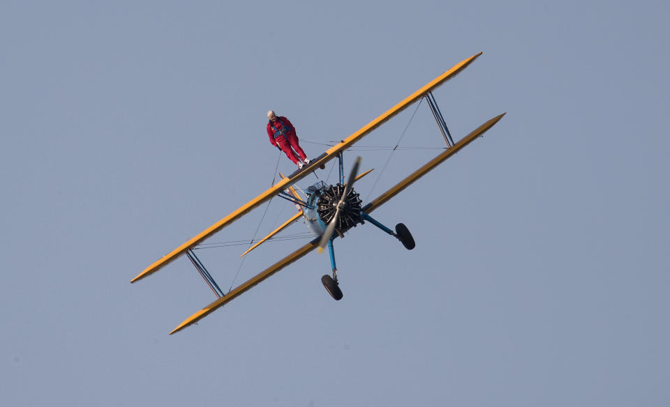 89-year-old John Wilkins during his sponsored wing walk for Bristol Children's Hospital's The Grand Appeal at Dunkeswell Airfield near Honiton in Devon. (Photo by Andrew Matthews/PA Images via Getty Images)