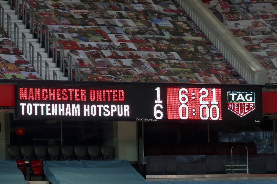 A display show the score at the end of the English Premier League soccer match between Manchester United and Tottenham Hotspur at Old Trafford in Manchester, England, Sunday, Oct. 4, 2020. (Alex Livesey/Pool via AP)