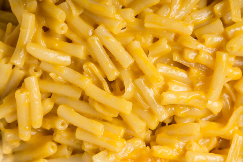 An up close photo of mac 'n' cheese.