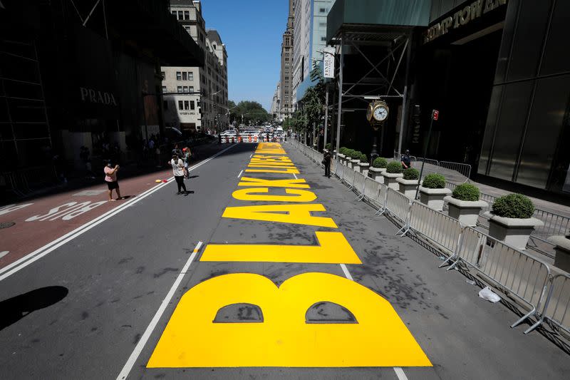 Newly painted "Black Lives Matter" mural along 5th Avenue outside Trump Tower in New York City