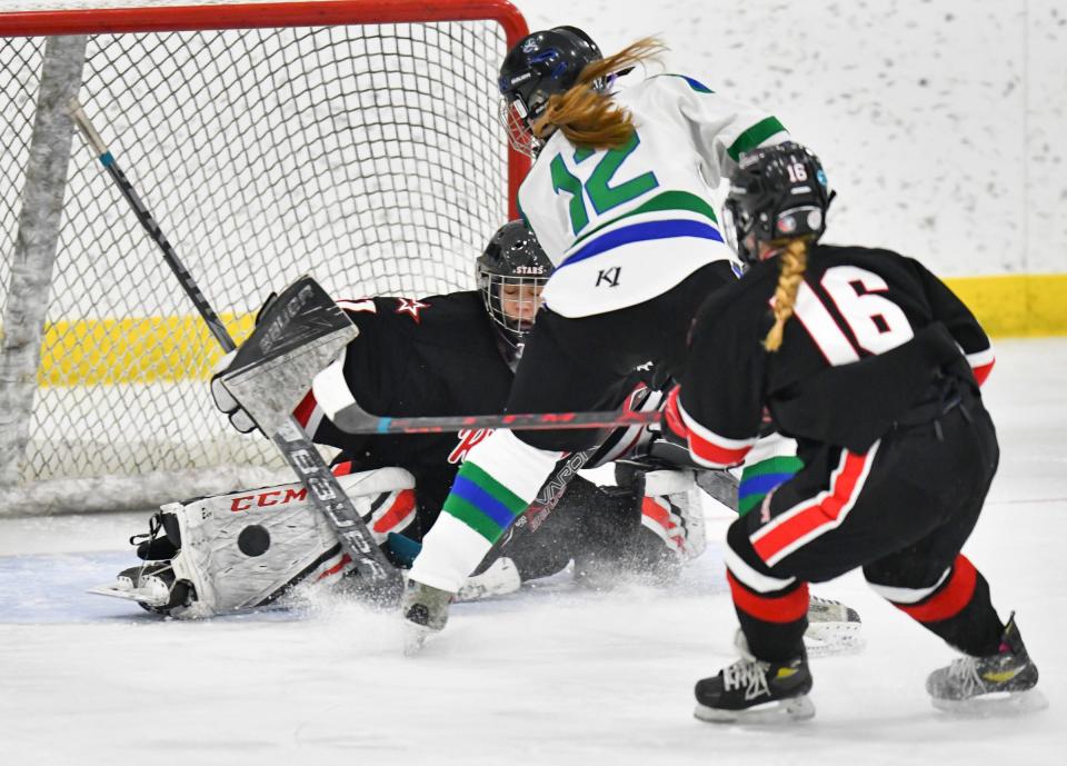 River Lakes goaltender Kaydence Roeske makes a save on a shot by Chloe Reiter of the Storm'n Sabres Tuesday, Jan. 11, 2022, at Sports Arena East in Sauk Rapids.