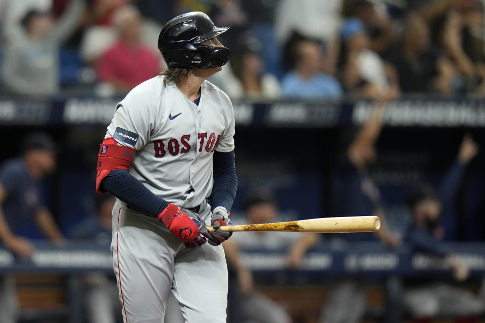 Boston Red Sox's Triston Casas watches his three-run home run off Tampa Bay Rays relief pitcher Chris Devenski during the sixth inning of a baseball game Monday, Sept. 4, 2023, in St. Petersburg, Fla. (AP Photo/Chris O'Meara)