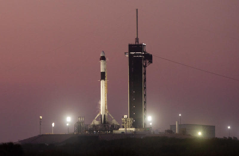 The Crew-6 Falcon 9 atop pad 39A at the Kennedy Space Center early  Friday, moments after a problem-free first stage engine test firing.  Launch of a four-man crew bound for the International Space Station is  planned for 1:45 a.m. EST Monday.  / Credit: NASA/Joel Kowsky