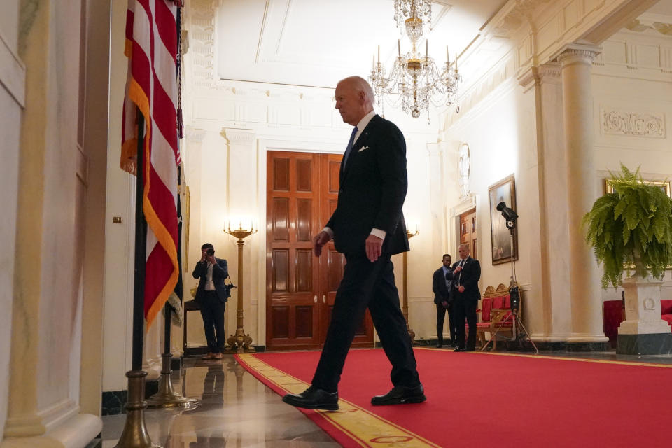 President Joe Biden walks from the podium after speaking in the Cross Hall of the White House Monday, July 1, 2024, in Washington. (AP Photo/Jacquelyn Martin)