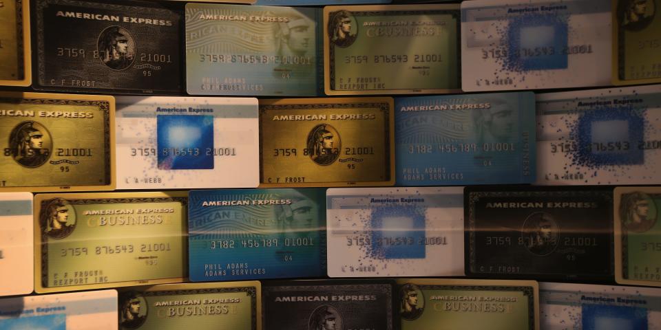 Credit cards fill a display at American Express headquarters