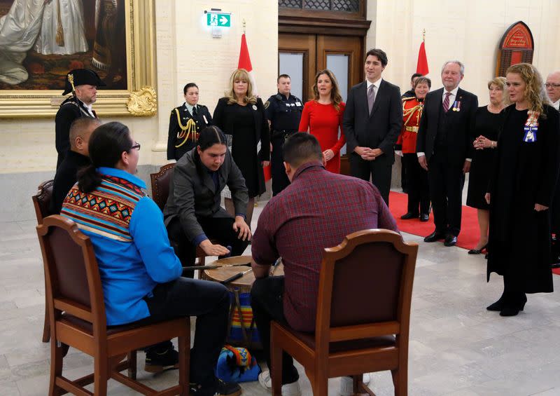 Canada's Governor General Julie Payette, Canada's Prime Minister Justin Trudeau and his wife Sophie Gregoire Trudeau watch Native drummers in Ottawa