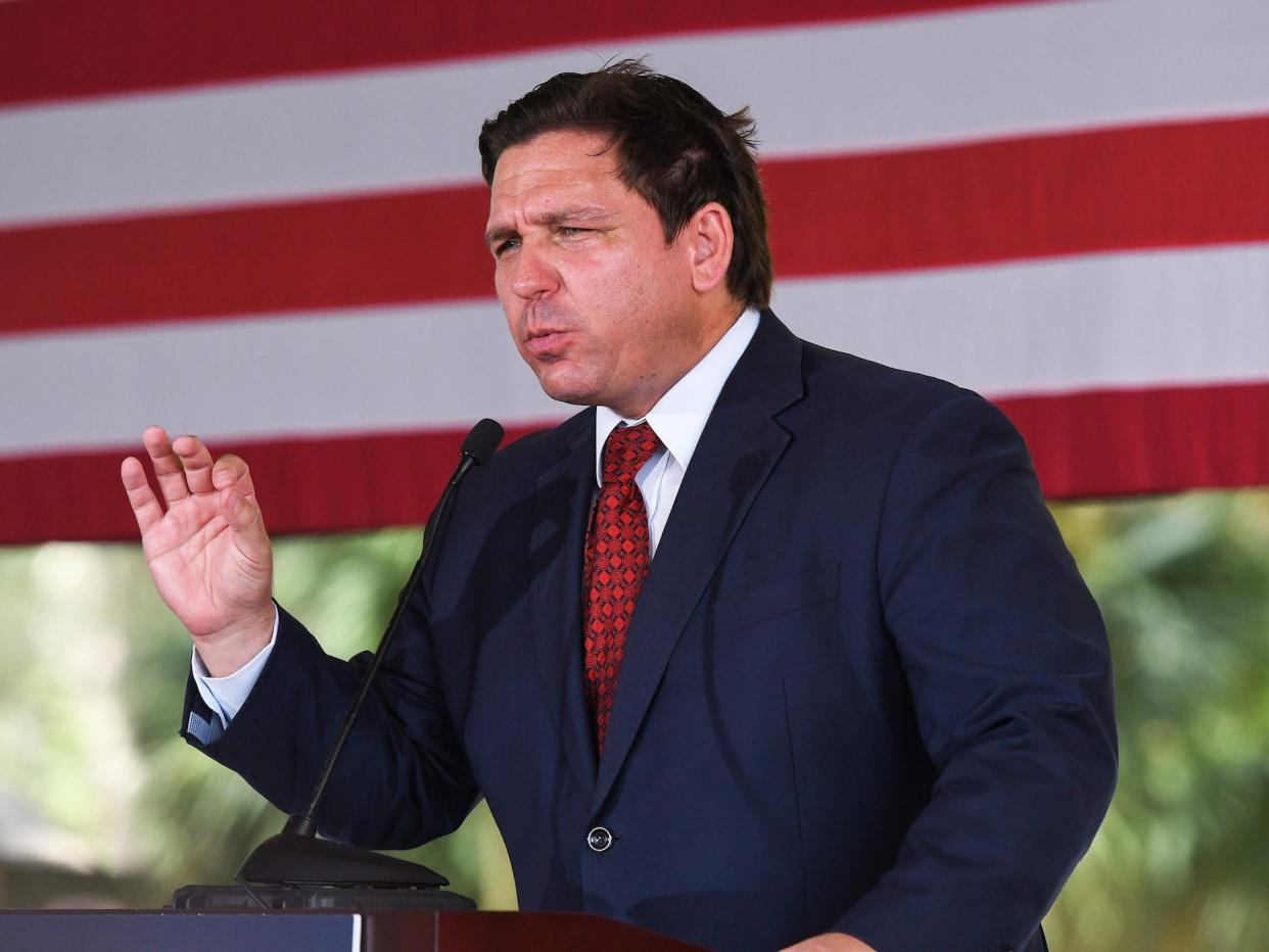 Florida Gov. Ron DeSantis speaks to supporters at a campaign stop on the Keep Florida Free Tour at the Horsepower Ranch in Geneva, Florida.