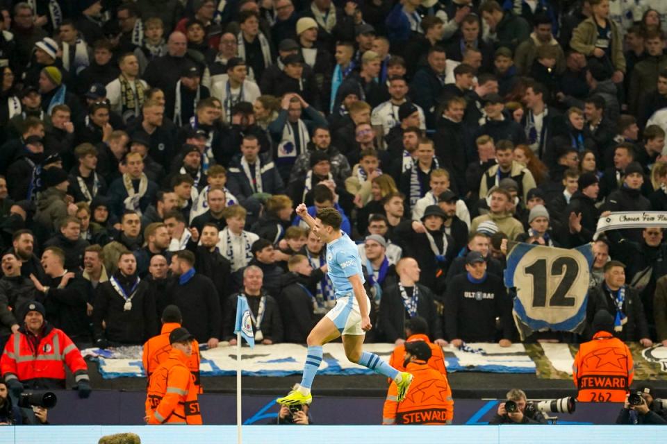 Julian Alvarez celebrates scoring against Copenhagen (AP)