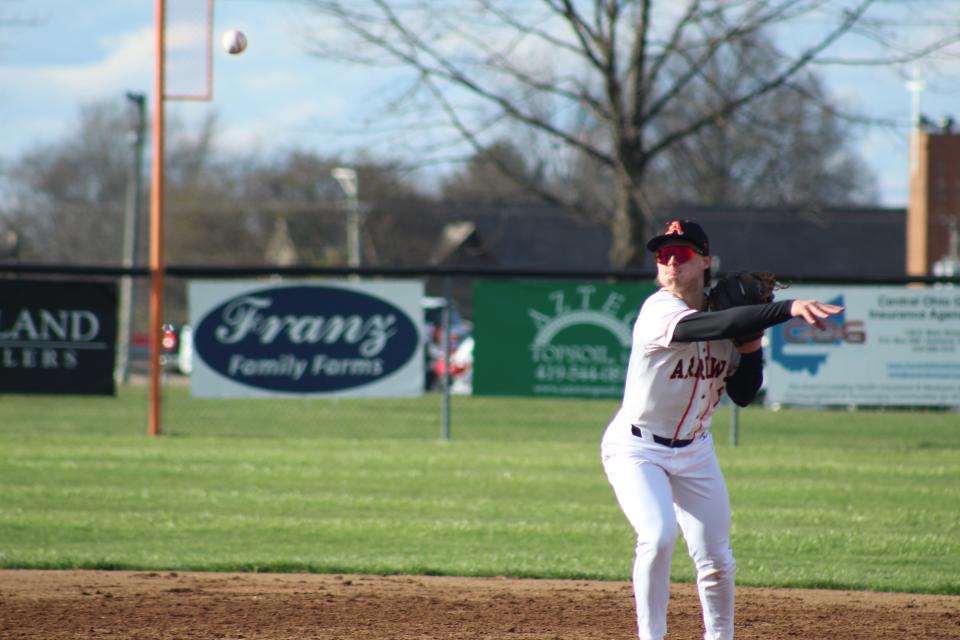 Ashland shortstop Alex Grissinger makes a throw in the infield.