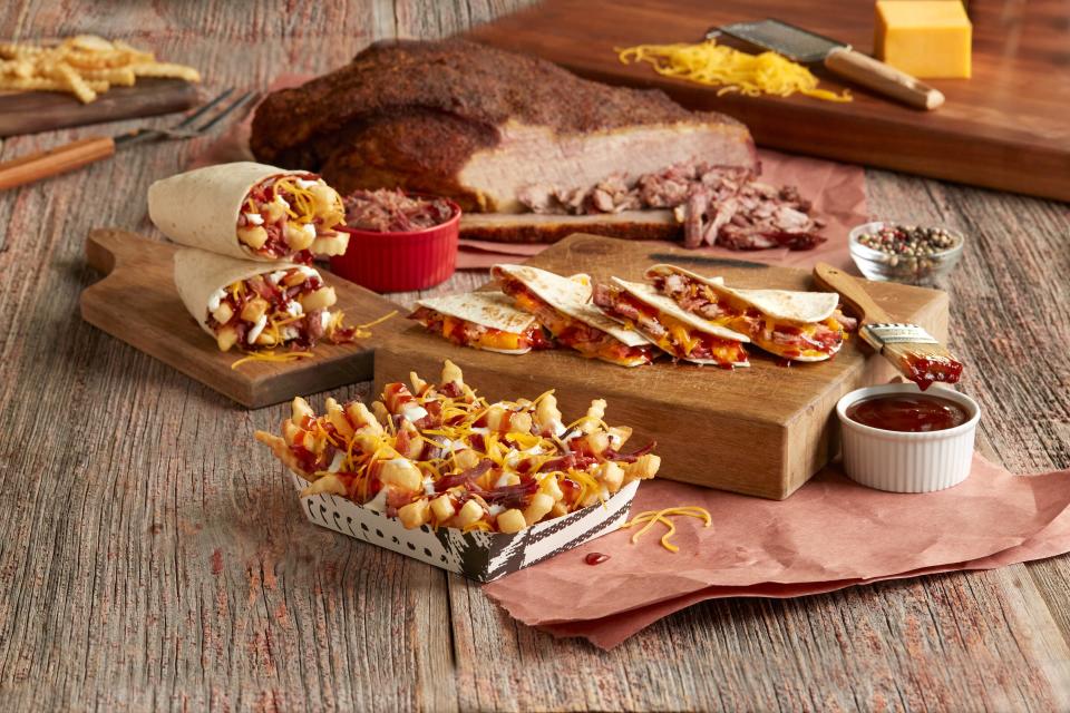 Del Taco's new Honey Chipotle BBQ Brisket, which comes in a quesadilla ($6.49), a brisket and bacon burrito ($8.99), and brisket and bacon fries ($6.99).