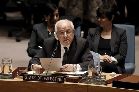 Palestinian Ambassador to the United Nations Riyad Mansour addresses a U.N. Security Council meeting on the Middle East at U.N. headquarters in New York, January 26, 2016. REUTERS/Mike Segar