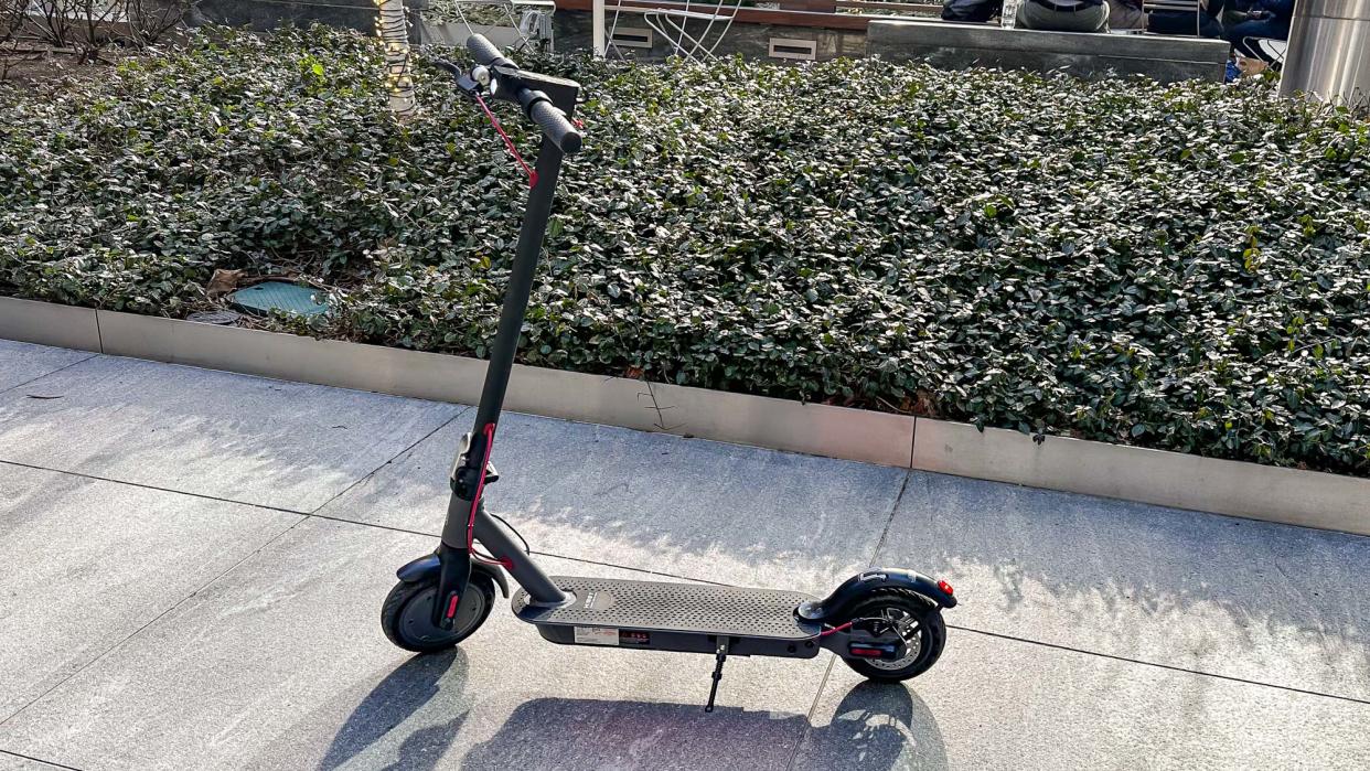  Hiboy S2 scooter parked on sidewalk. 