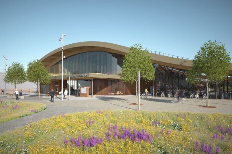 CGI image showing proposed Cambridge South Station with cycle parking to the right.