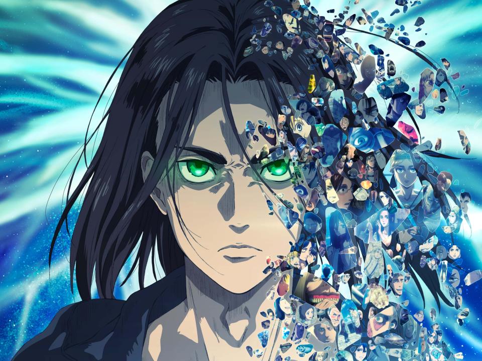 attack on titan final series poster, showing an older eren jeager with glowing green eyes and fractured pieces falling from near his face that show characters from attack on titan