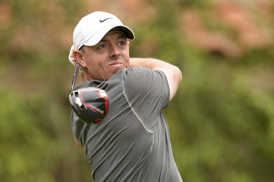 Rory McIlroy watches his tee shot on the second hole during the first round of the U.S. Open golf tournament at Los Angeles Country Club on Thursday, June 15, 2023, in Los Angeles. (AP Photo/George Walker IV)