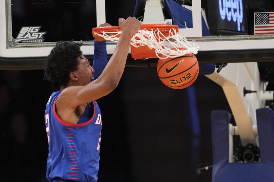 DePaul forward Jeremiah Oden dunks against Villanova during the first half of an NCAA college basketball game in the first round of the Big East Conference men's tournament Wednesday, March 13, 2024, in New York. (AP Photo/Mary Altaffer)