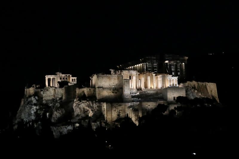 The ancient Acropolis hill is illuminated with new revamped, detailed lighting system, in Athens