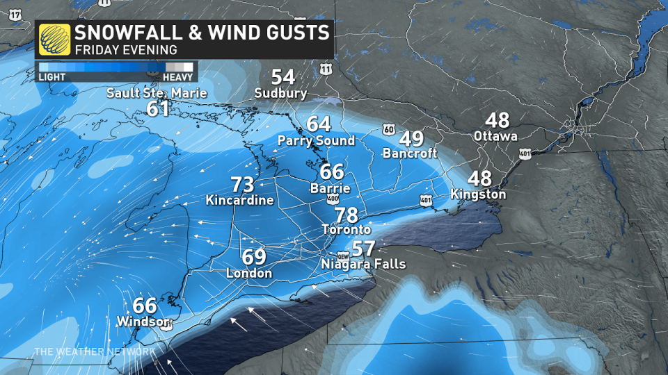 Ontairo snow wind gusts Fri evening