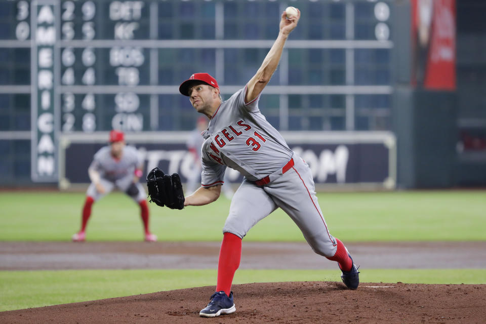 Los Angeles Angels starting pitcher Tyler Anderson throws against the Houston Astros during the first inning of a baseball game Wednesday, May 22, 2024, in Houston. (AP Photo/Michael Wyke)