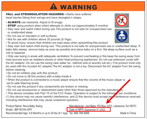 Model JBP-NOVA-GRY and the manufacture date are printed on the sewn-in warning label on the back of the swing’s seat. (Photo courtesy: U.S. Consumer Product Safety Commission )